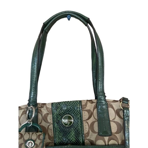 Coach Womens Khaki & Green Double Handle Signature Stripe Python Tote Bag - Picture 7 of 8